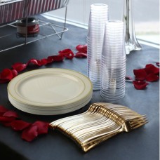Kaya Collection - Bone and Gold Disposable Plastic Buffet Party Package - Includes Buffet Plates, Gold Forks and Tumblers (60 Person Package)
