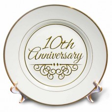 3dRose 10th Anniversary gift - gold text for celebrating wedding anniversaries 10 tenth ten years together, Porcelain Plate, 8-inch