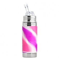 Pura Kiki 9 Oz / 260 Ml Insulated Stainless Steel Bottle With Silicone Straw & Sleeve, Pink Swirl (Plastic Free, BPA Free, NonToxic Certified)